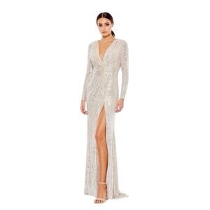 Mac Duggal 26490 Silver Sequin Long Sleeve Gown Size 10 $398